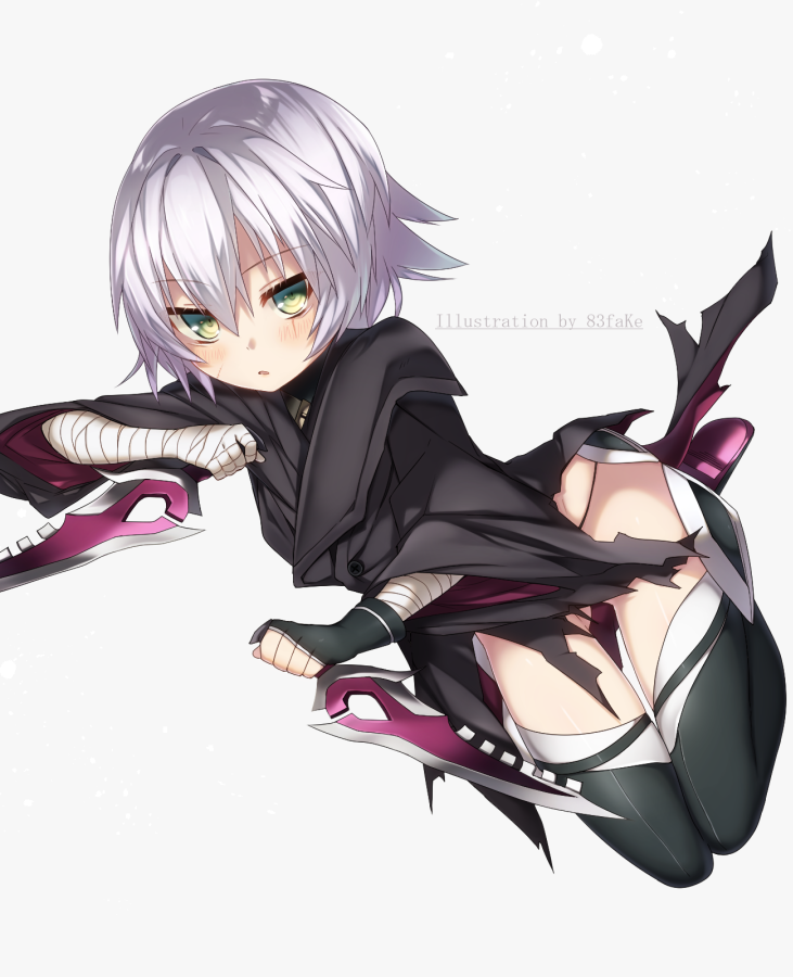 1girl, :o, artist_name, assassin_of_black, bandage, bandaged_arm, black_gloves, black_legwear