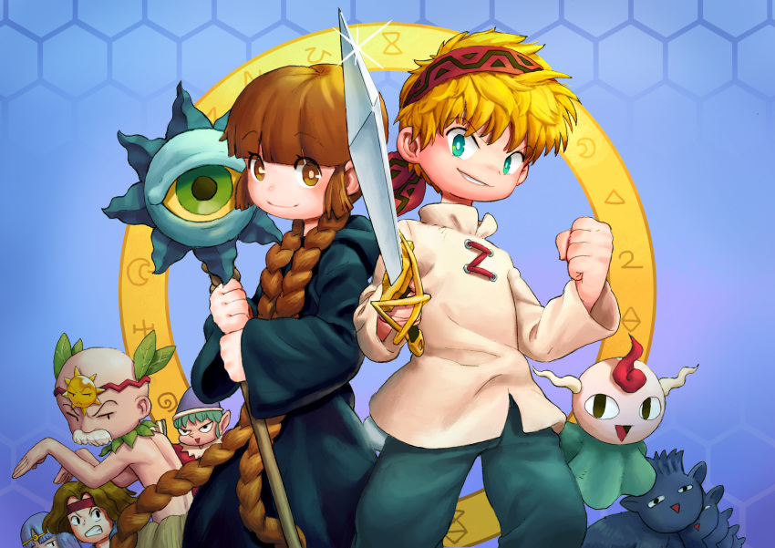 2girls, 3boys, :d, absurdres, bald, bandanna, bari_(hangu-geo), black_robes