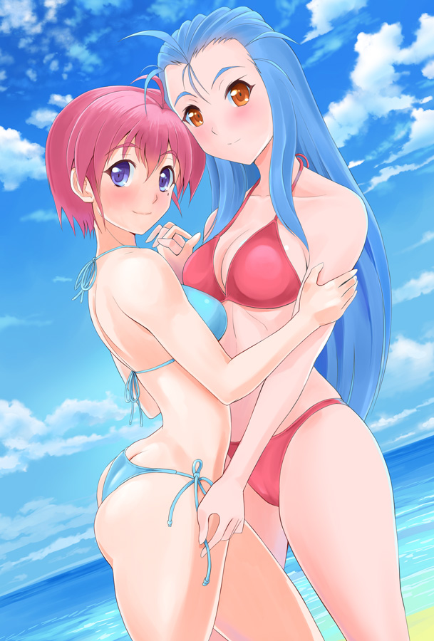 2girls, beach, bikini, blue_bikini, blue_hair, blue_sky, blush, breasts, cleavage, clouds, day, dutch_angle, hat, hinomoto_hikari, horizon, hug, long_hair, looking_at_viewer, medium_breasts, minazuki_kotoko, multiple_girls, ocean, orange_eyes, outdoors, red_bikini, redhead, shopyun, short_hair, sky, smile, standing, swimsuit, tokimeki_memorial, tokimeki_memorial_2, untying, violet_eyes