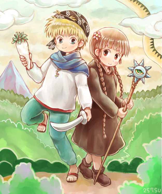 1boy, 1girl, bandanna, blonde_hair, blue_eyes, braid, brown_eyes, brown_footwear, brown_robe, bush, clouds, daikon, flower, hair_flower, hair_ornament, knife, kukuri, long_hair, looking_at_viewer, mahoujin_guruguru, ni_konasu, outdoors, sandals, shoes, smile, staff, standing, standing_on_one_leg, very_long_hair