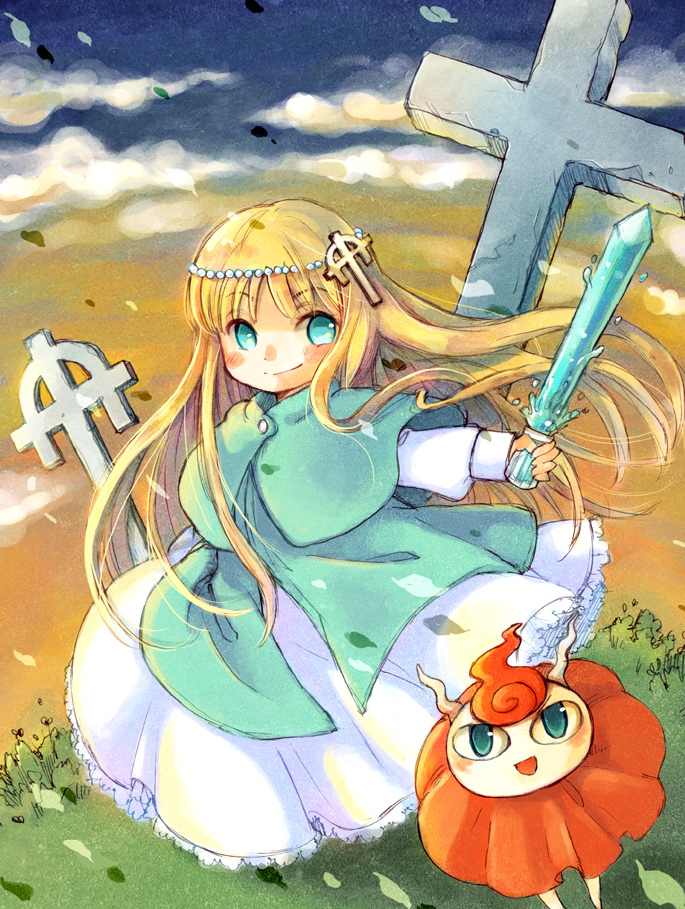 1girl, beads, blonde_hair, blue_dress, blue_eyes, cross, dress, graphite_(medium), hair_ornament, juju_coo_shnamur, long_hair, mahoujin_guruguru, mijica, outdoors, smile, standing, sword, traditional_media, weapon
