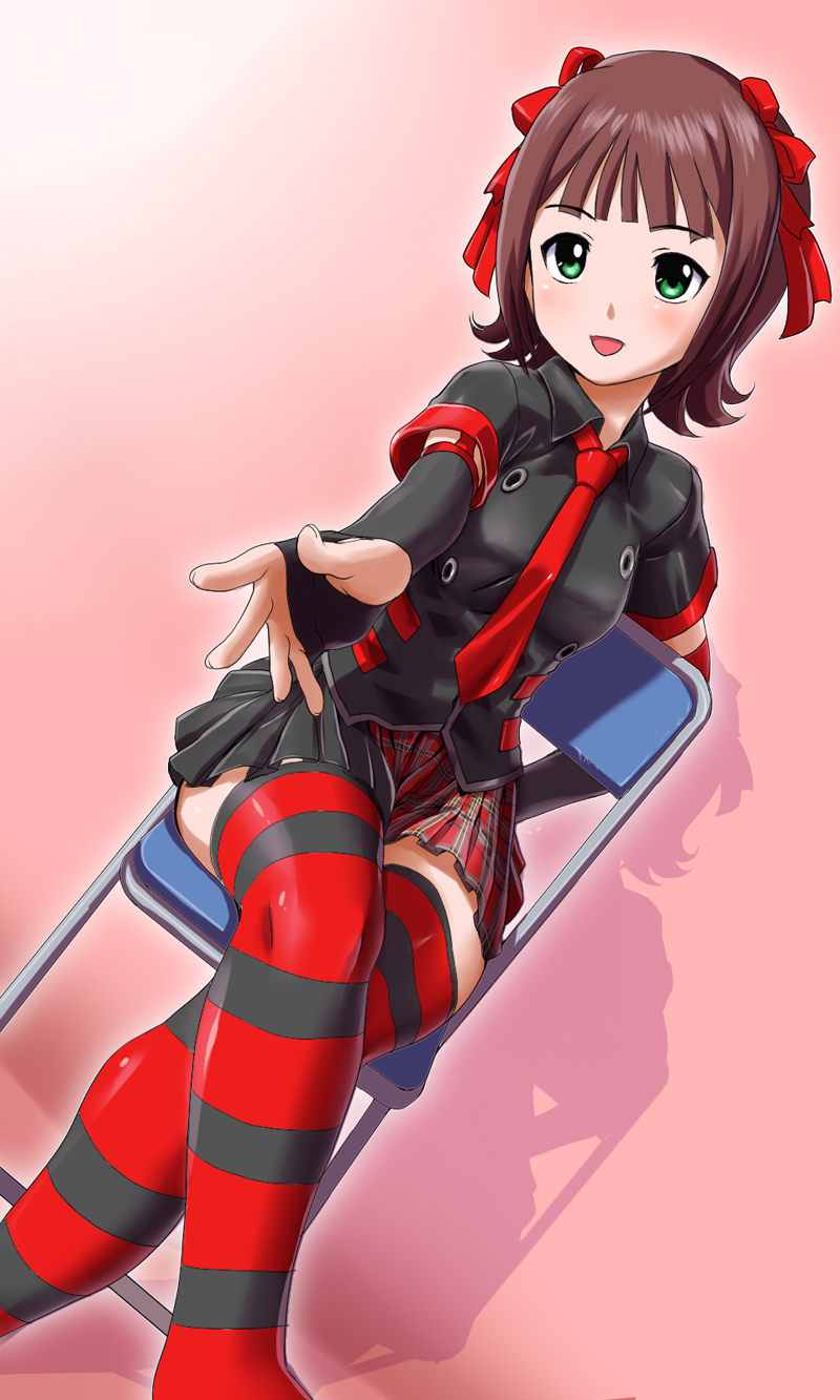 amami_haruka, blush, bow, brown_hair, crossed_legs, dutch_angle, elbow_gloves, fingerless_gloves
