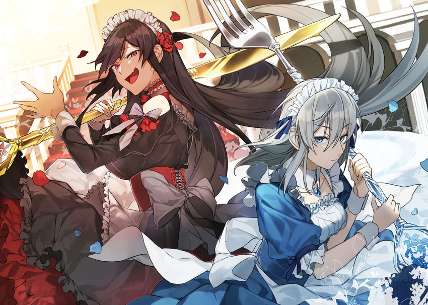 2girls, :d, black_bow, black_hair, blue_eyes, blue_ribbon, bow, corset