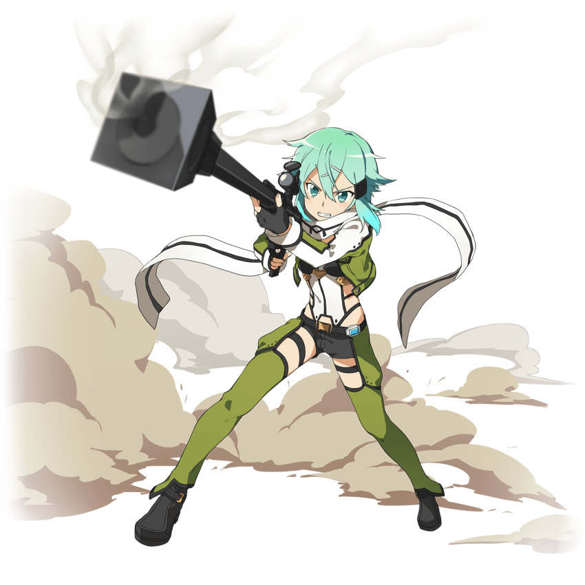 1girl, anti-materiel_rifle, black_gloves, dust, fingerless_gloves, foreshortening, gloves, gun