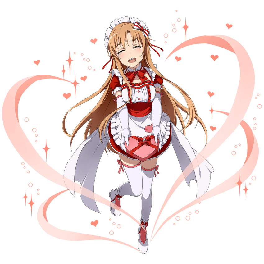 1girl, :d, asuna_(sao), closed_eyes, elbow_gloves, gloves, headdress, heart