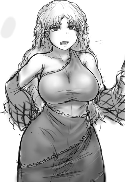 1girl, bangs, bare_shoulders, breasts, cowboy_shot, detached_sleeves, eyebrows_visible_through_hair, greyscale