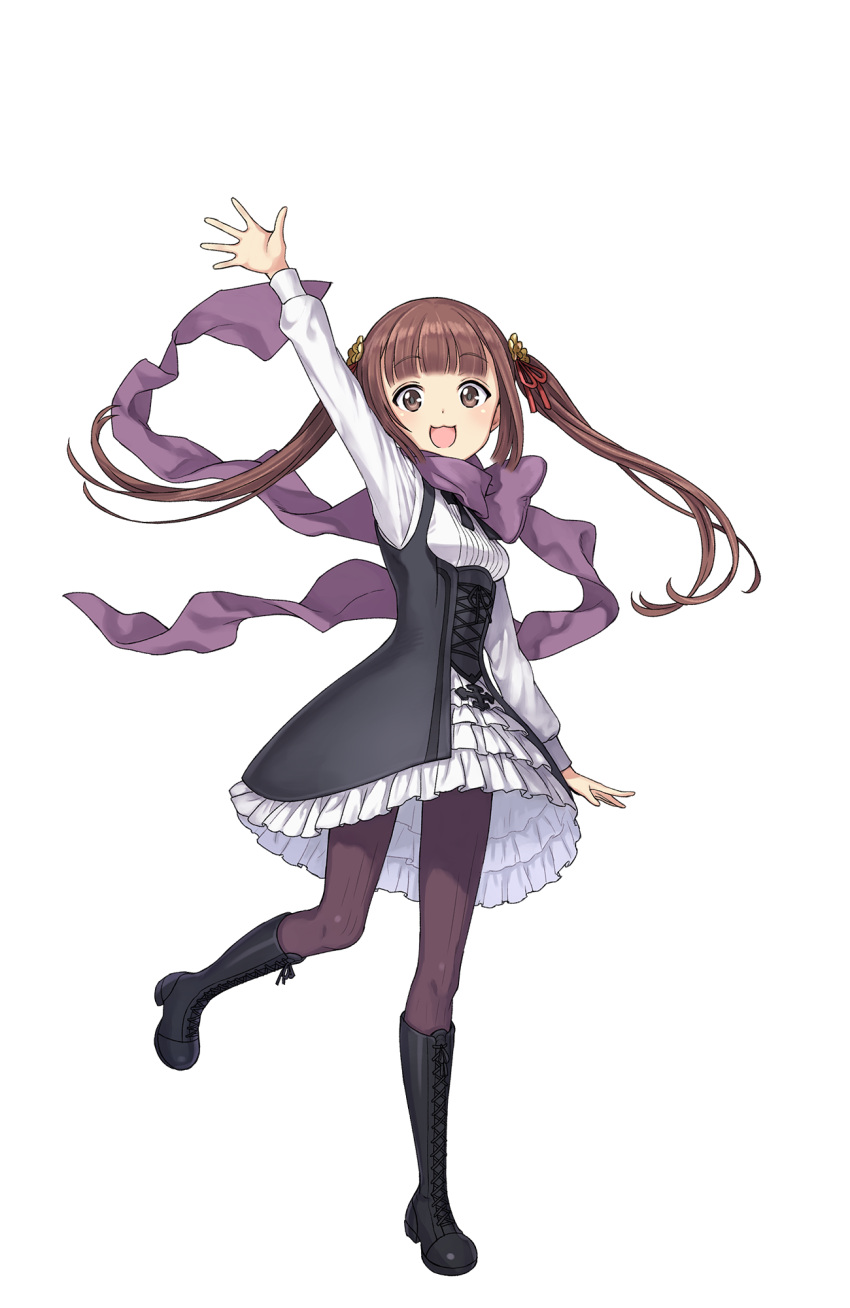 1girl, :d, arm_up, black_footwear, boots, breasts, brown_eyes, brown_hair