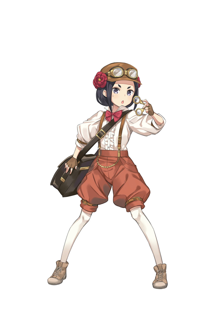 1girl, arm_belt, bag, black_eyes, black_hair, brown_footwear, brown_gloves, brown_hair