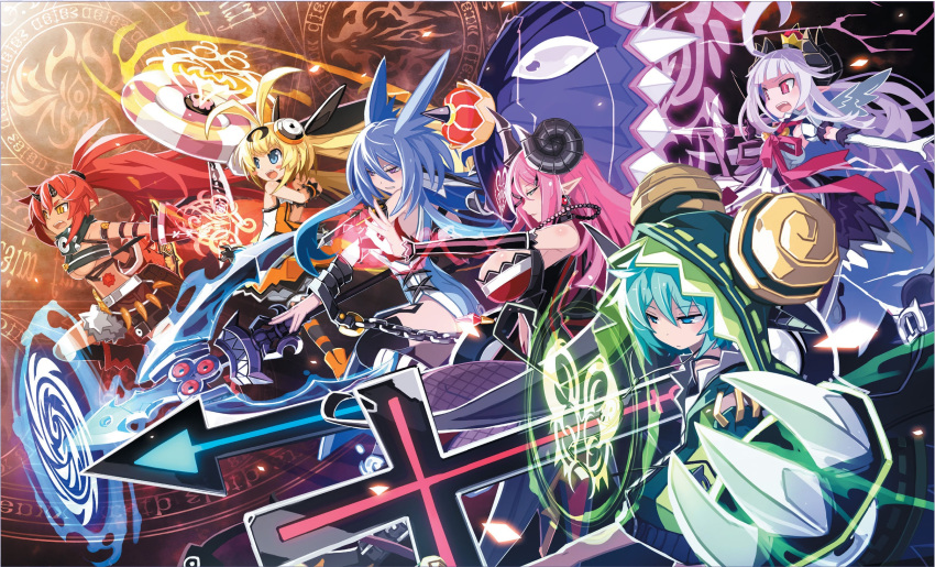 6+girls, ahoge, aqua_eyes, aqua_hair, ashmedia, blonde_hair, blue_eyes, blue_hair