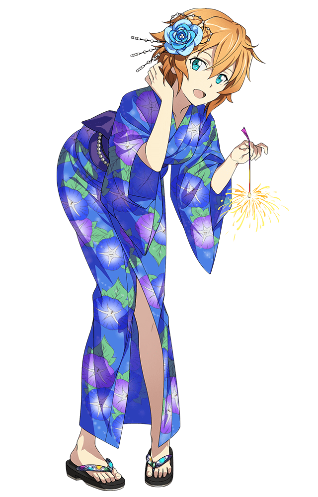 1girl, aqua_eyes, fireworks, flower, full_body, hair_flower, hair_ornament, holding, japanese_clothes, kimono, leaning_forward, long_sleeves, looking_at_viewer, official_art, open_mouth, orange_hair, philia_(sao), sandals, short_hair, solo, sword_art_online, transparent_background