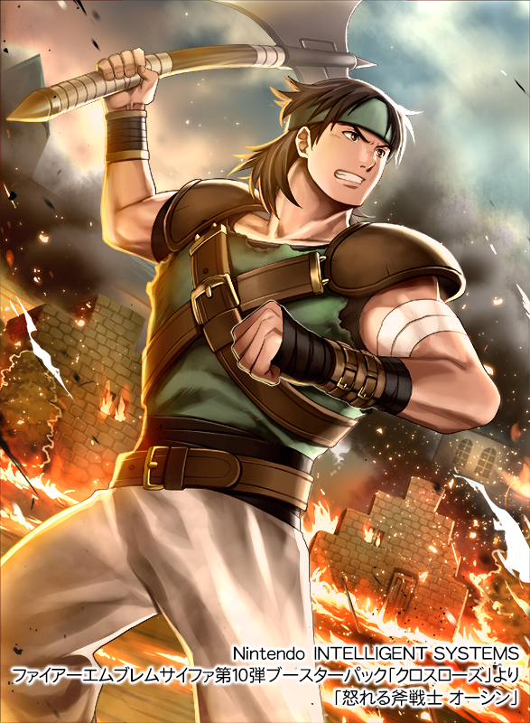 1boy, axe, bandage, belt, brown_eyes, brown_hair, clouds, cloudy_sky, company_name, fire, fire_emblem, fire_emblem:_thracia_776, fire_emblem_cipher, headband, long_hair, male_focus, official_art, orsin_(fire_emblem), sky, solo, teeth, tree, upper_body, weapon