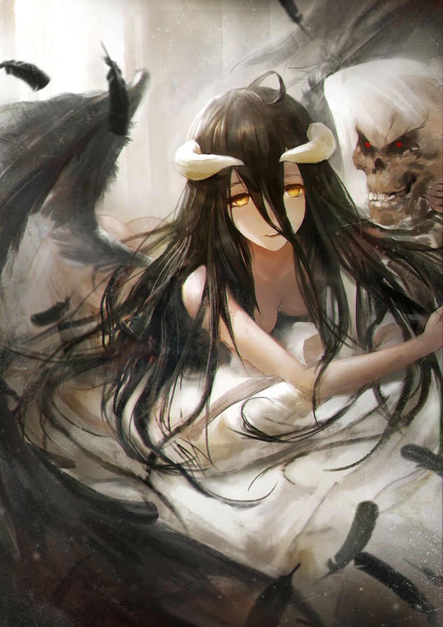 1girl, ahoge, ainz_ooal_gown, albedo, ass, bed_sheet, black_hair, black_wings, breasts, dakimakura_(object), demon_horns, feathered_wings, feathers, hair_between_eyes, highres, horns, indoors, long_hair, looking_at_viewer, lying, medium_breasts, neko_(314089734), nude, on_bed, on_stomach, parted_lips, pillow, pillow_hug, skeleton, smile, solo, wings, yellow_eyes