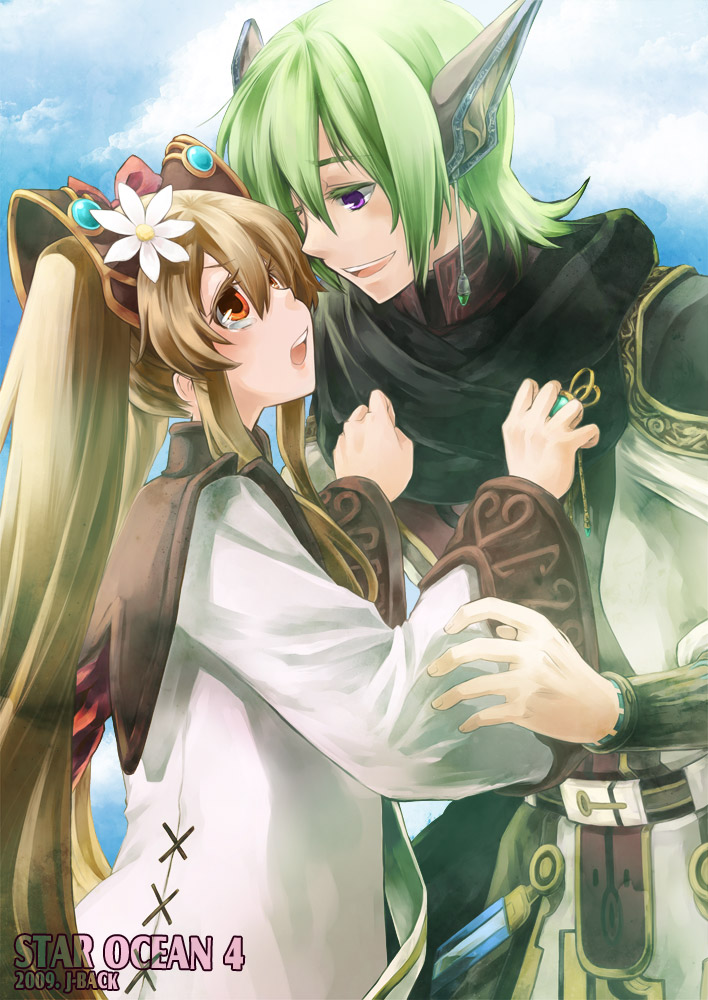 1girl, brown_hair, couple, faize_scheifa_beleth, flower, green_hair, hold, holding