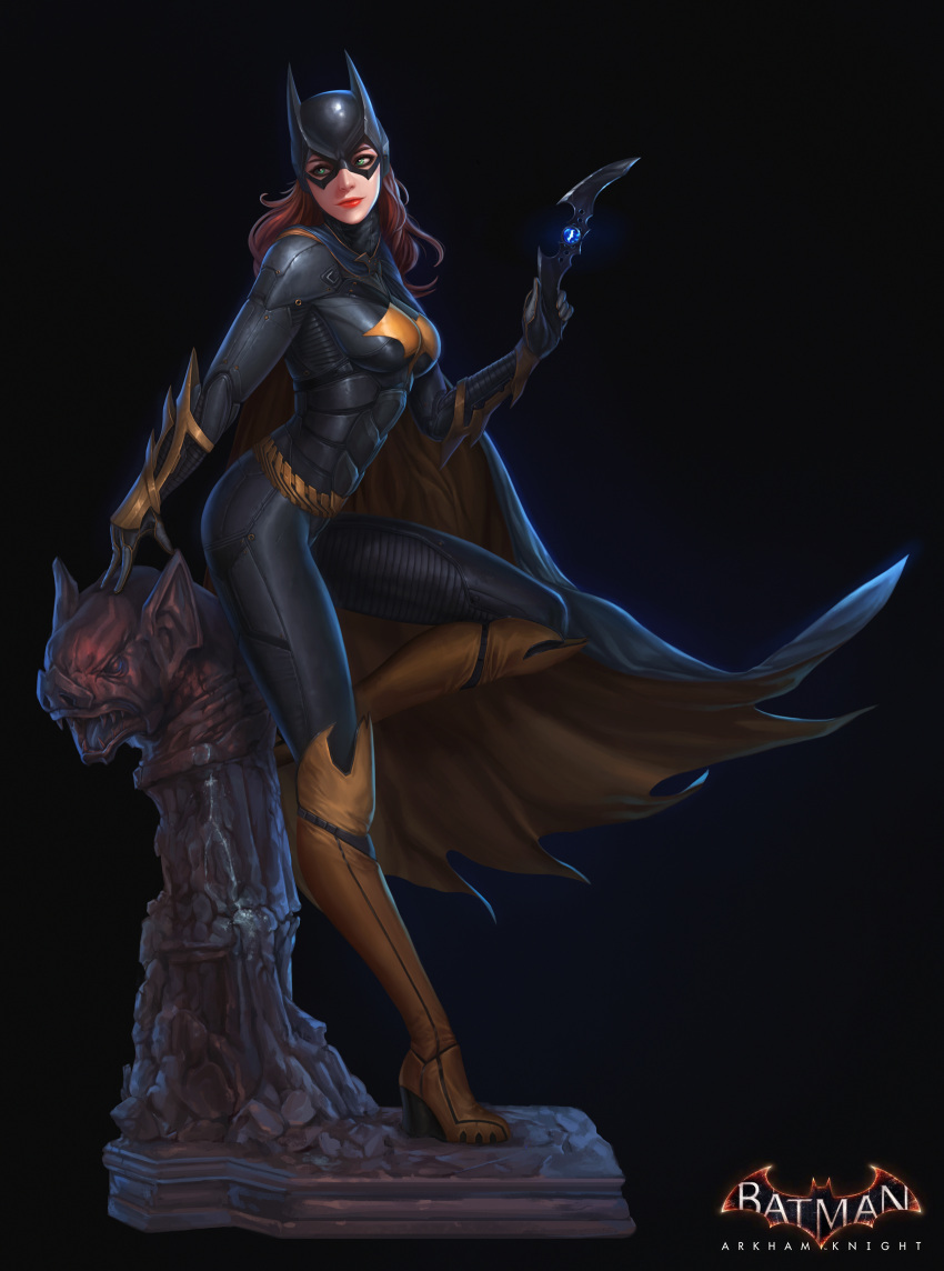 1girl, barbara_gordon, batarang, batgirl, batman_(series), belt, bodysuit, breasts, cape, dc_comics, full_body, green_eyes, high_heels, highres, jagercoke, lips, long_hair, looking_back, mask, medium_breasts, red_lips, redhead, solo, standing, statue, superhero, wind