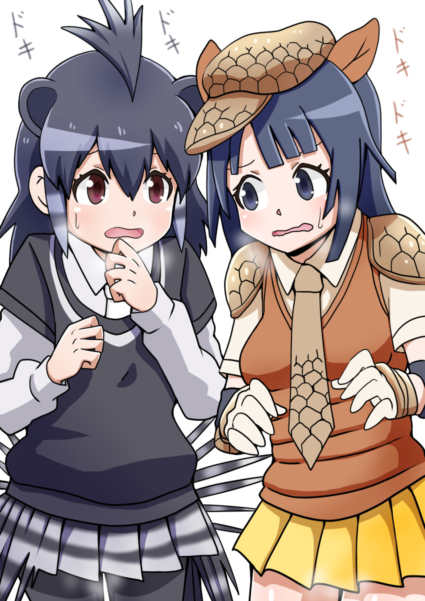2girls, absurdres, animal_ears, armadillo_ears, armadillo_girl, black_hair, blush, crested_porcupine_(kemono_friends)