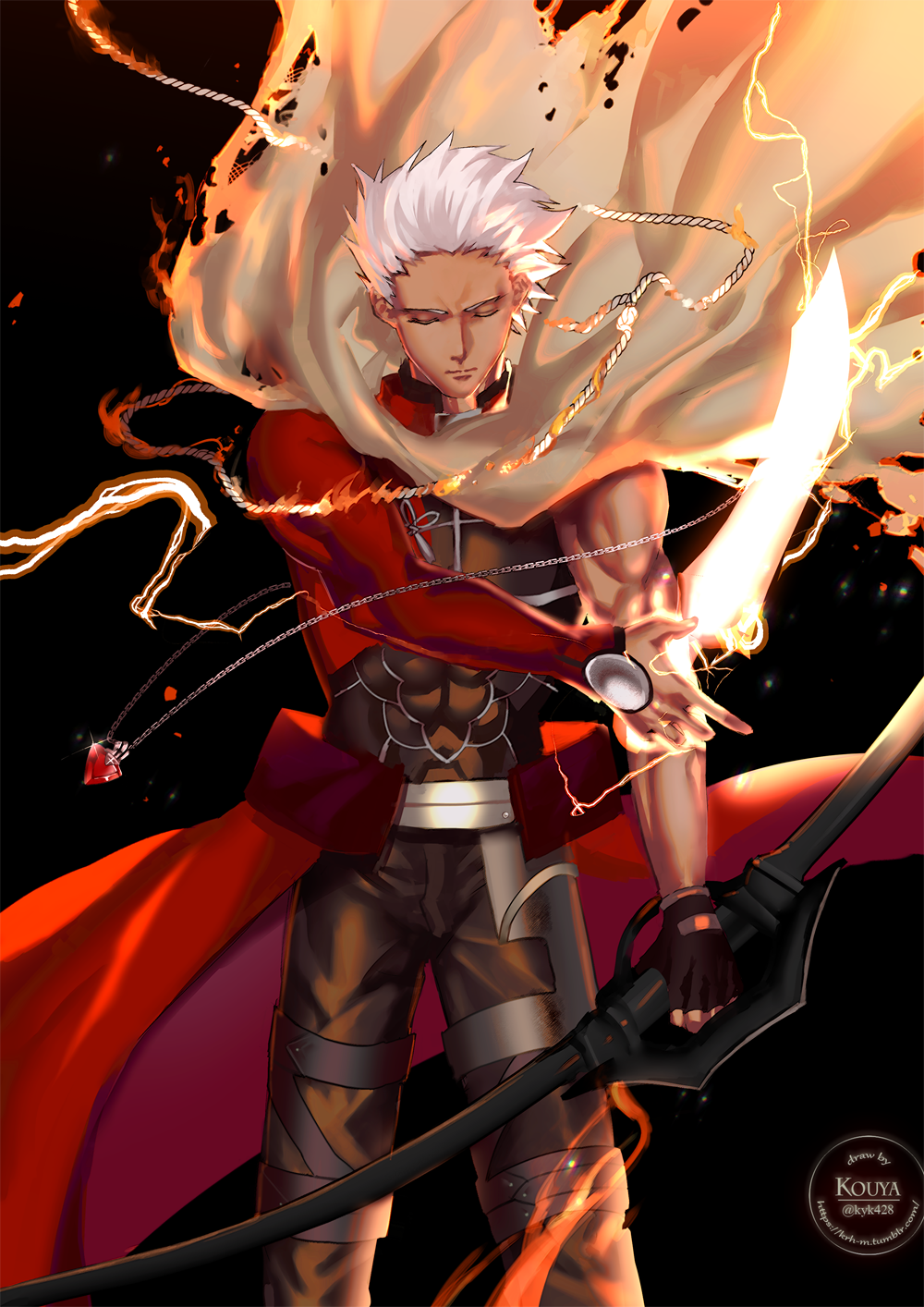 1boy, archer, artist_name, artist_self-reference, black_background, bow_(weapon), chains, closed_eyes