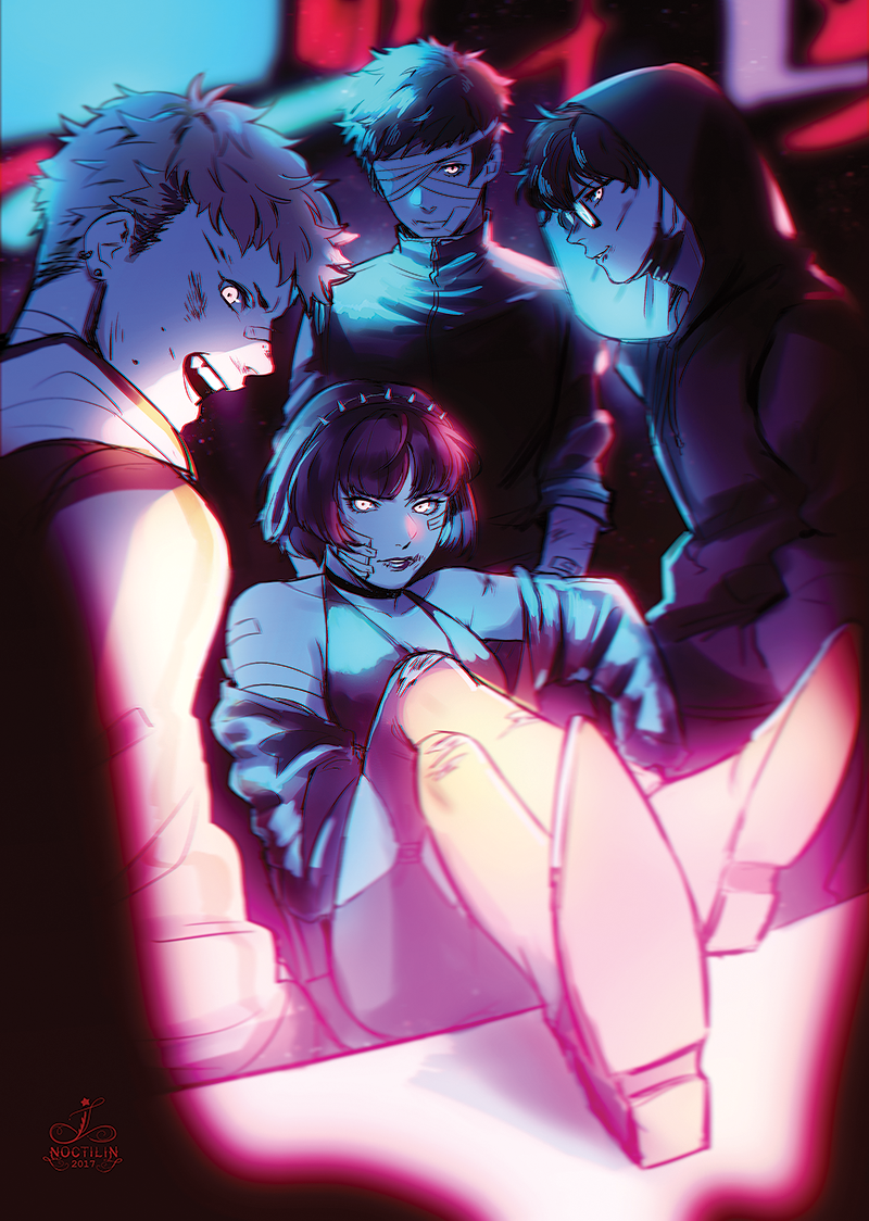 10s, 1girl, 3boys, bandage, kurusu_akira, mishima_yuuki, multiple_boys, niijima_makoto