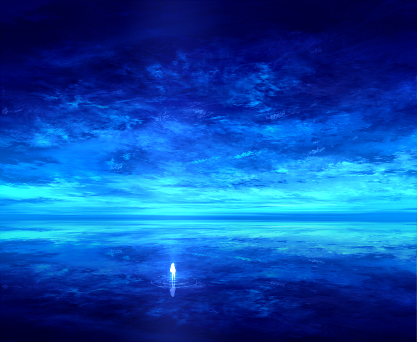1girl, blue_sky, clouds, cloudy_sky, commentary_request, highres, mks, on_liquid