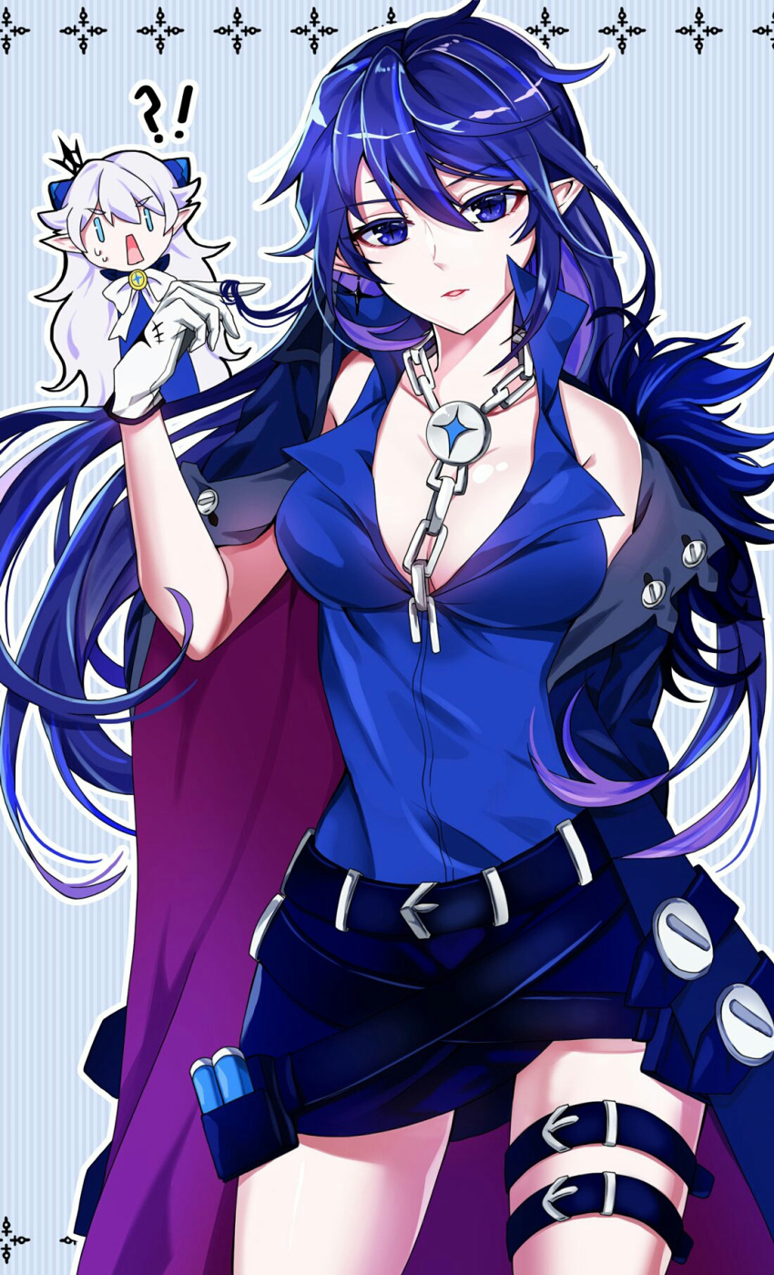 2girls, black_skirt, blue_eyes, blue_hair, blue_shirt, breasts, chains, ciel_(elsword), cleavage, collarbone, cowboy_shot, elsword, eyebrows_visible_through_hair, floating_hair, genderswap, genderswap_(mtf), gloves, hair_between_eyes, hair_twirling, hamericano, highres, long_hair, luciela_r._sourcream, medium_breasts, miniskirt, multiple_girls, open_clothes, open_shirt, parted_lips, pointy_ears, shirt, skirt, sleeveless, sleeveless_shirt, standing, thigh_strap, very_long_hair, white_gloves