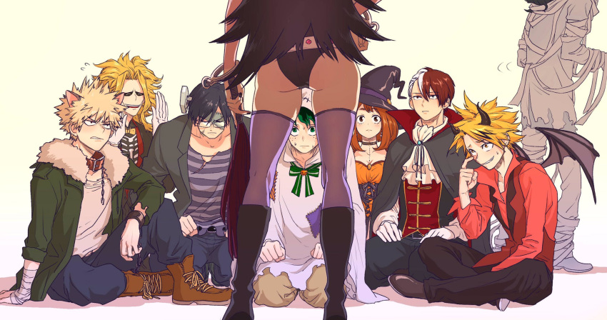 2girls, 6+girls, aizawa_chizuru, animal_ears, ass, bakugou_katsuki, bandage, black_footwear