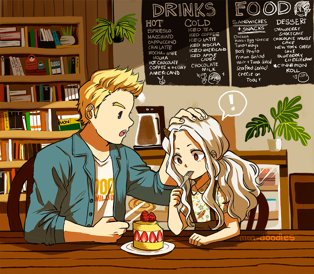 !, 1boy, 1girl, ^_^, alternate_costume, animated, animated_gif, blonde_hair, blue_eyes, boku_no_hero_academia, book, bookshelf, cafe, cake, casual, chair, closed_eyes, coffee, eri_(boku_no_hero_academia), floral_print, food, fork_in_mouth, fruit, hand_on_another's_head, happy, heart, horn, indoors, long_hair, menu, menu_board, mon-doodles, orange_eyes, petting, plant, ponytail, pot, smile, strawberry, thought_bubble, toogata_mirio, wooden_table