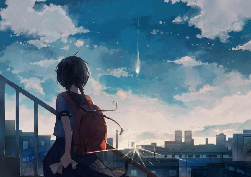 1girl, backpack, bag, black_hair, black_skirt, blue_shirt, blue_sky, braid
