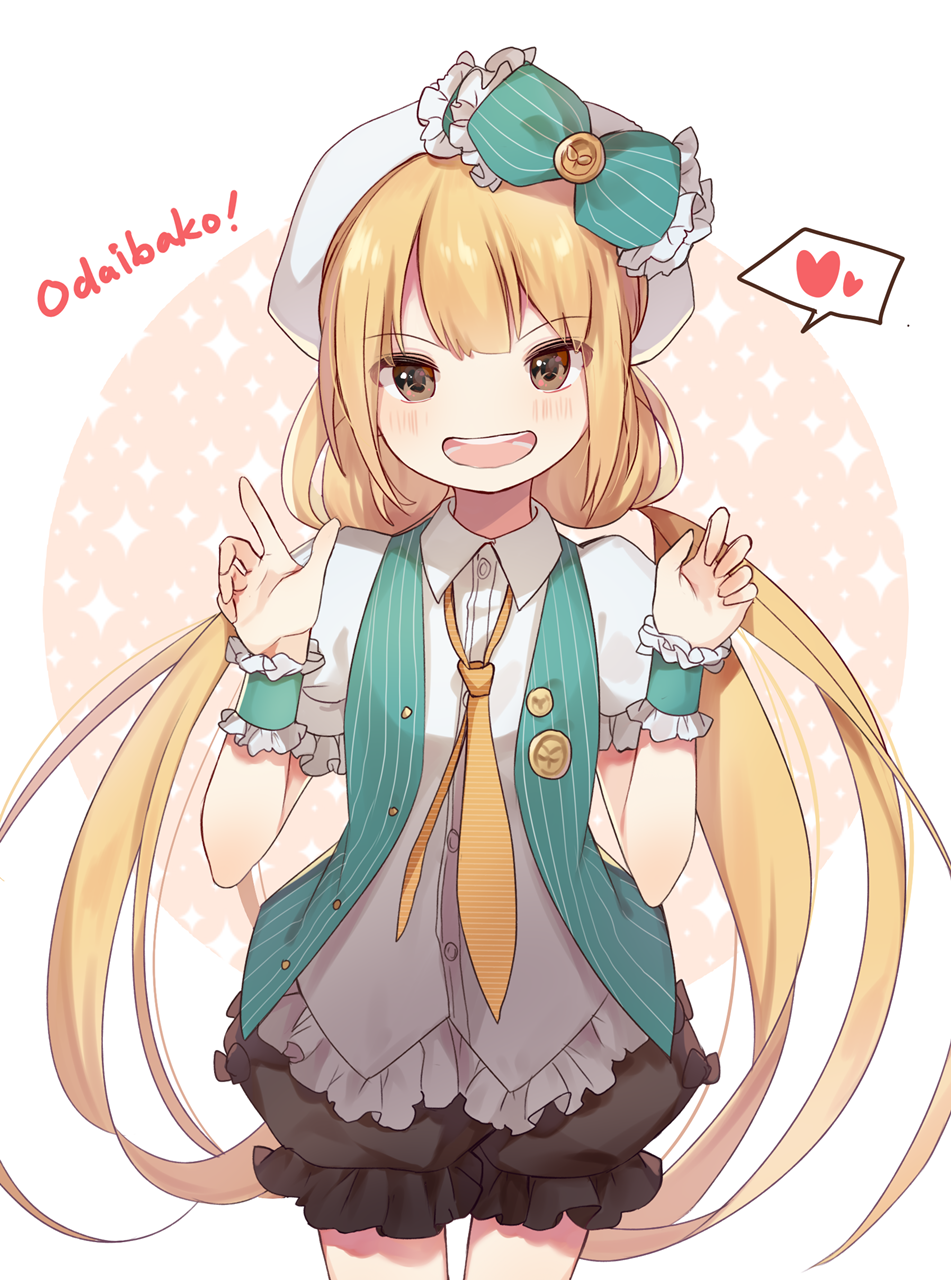 1girl, blonde_hair, bow, brown_eyes, futaba_anzu, green_bow, hair_bow, hat, heart, highres, idolmaster, idolmaster_cinderella_girls, long_hair, looking_at_viewer, necktie, open_mouth, orange_necktie, sal, solo, speech_bubble, spoken_heart, twintails