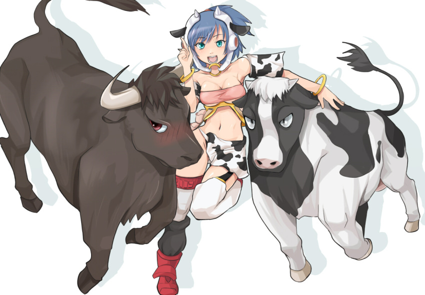 animal_ears, blue_eyes, blue_hair, breasts, bull, cleavage, cow, cow_girl