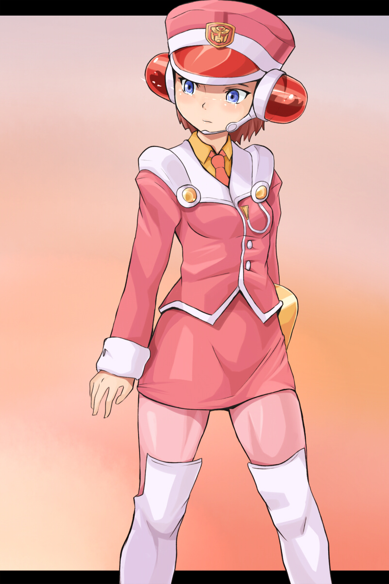 brown_hair, helmet, highres, pantyhose, pink_legwear, t-ai, tarayama, tears, thigh-highs, thighhighs, transformers, uniform, yuki_taru
