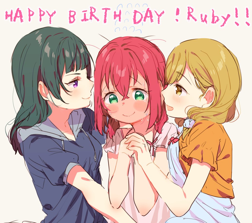 3girls, bangs, beige_background, black_hair, blush, character_name, crossed_bangs, flying_sweatdrops