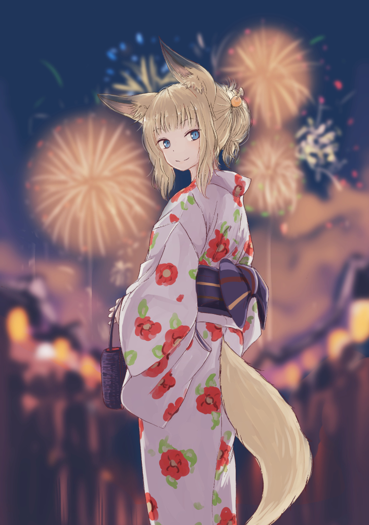 animal_ears, bag, bangs, batta_(kanzume_quality), blonde_hair, blue_eyes, blue_sash, blunt_bangs