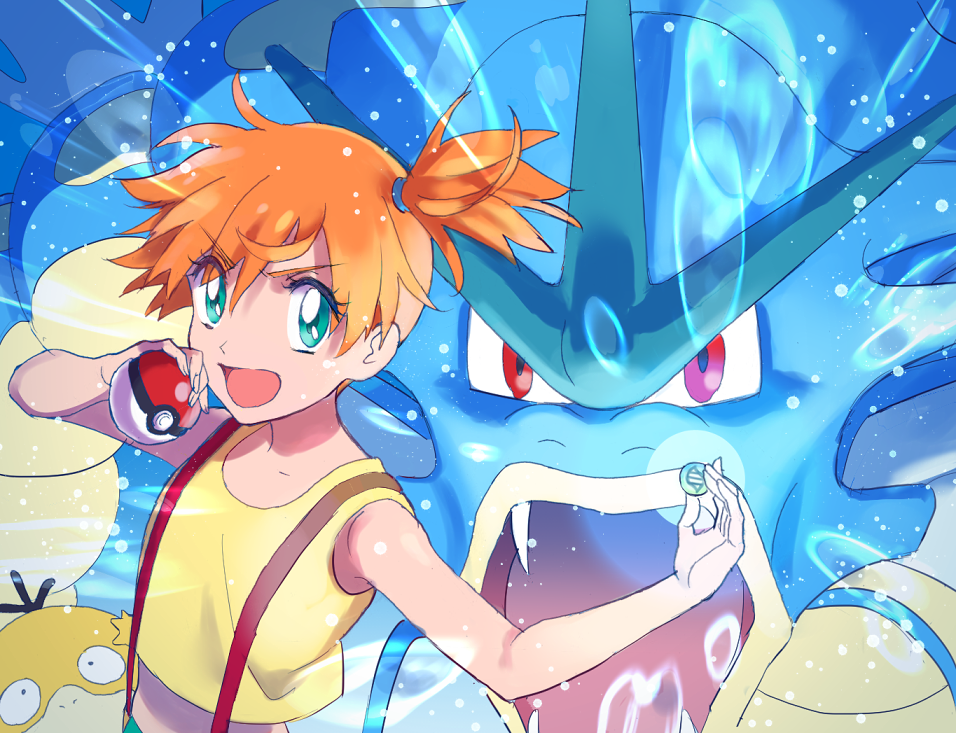 1girl, :d, asymmetrical_hair, blue_eyes, gyarados, holding, holding_poke_ball, hoshino_(user_ddfw4228), kasumi_(pokemon), looking_at_viewer, mega_stone, open_mouth, orange_hair, poke_ball, pokemon, pokemon_(anime), pokemon_(creature), psyduck, red_eyes, side_ponytail, smile, suspenders, upper_body