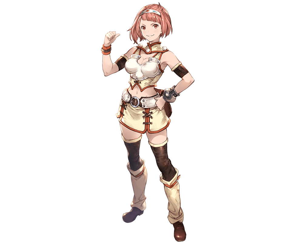 10s, 1girl, beltskirt, breasts, cleavage, full_body, granblue_fantasy, hairband, hand_on_hip, looking_at_viewer, medium_breasts, midriff, minaba_hideo, miniskirt, navel, nina_dragnot, official_art, parted_lips, pink_hair, redhead, shingeki_no_bahamut, shingeki_no_bahamut:_virgin_soul, short_hair, skirt, smile, solo, standing, thigh-highs, transparent_background, wristband, zettai_ryouiki