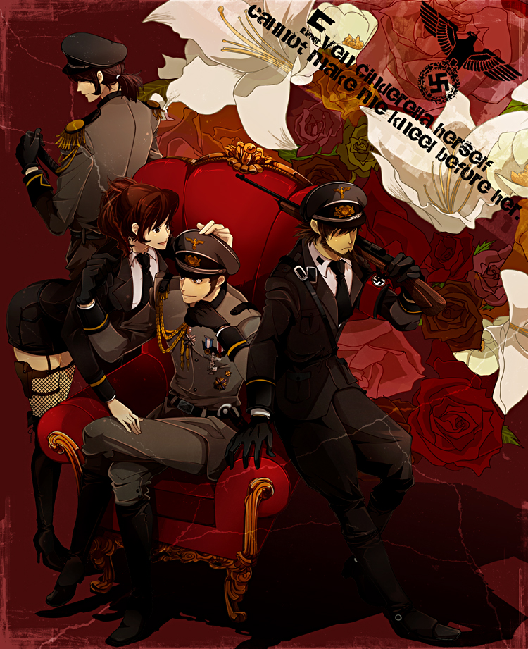 armband, arsene_lupin_iii, beard, boots, english, facial_hair, gun, hat