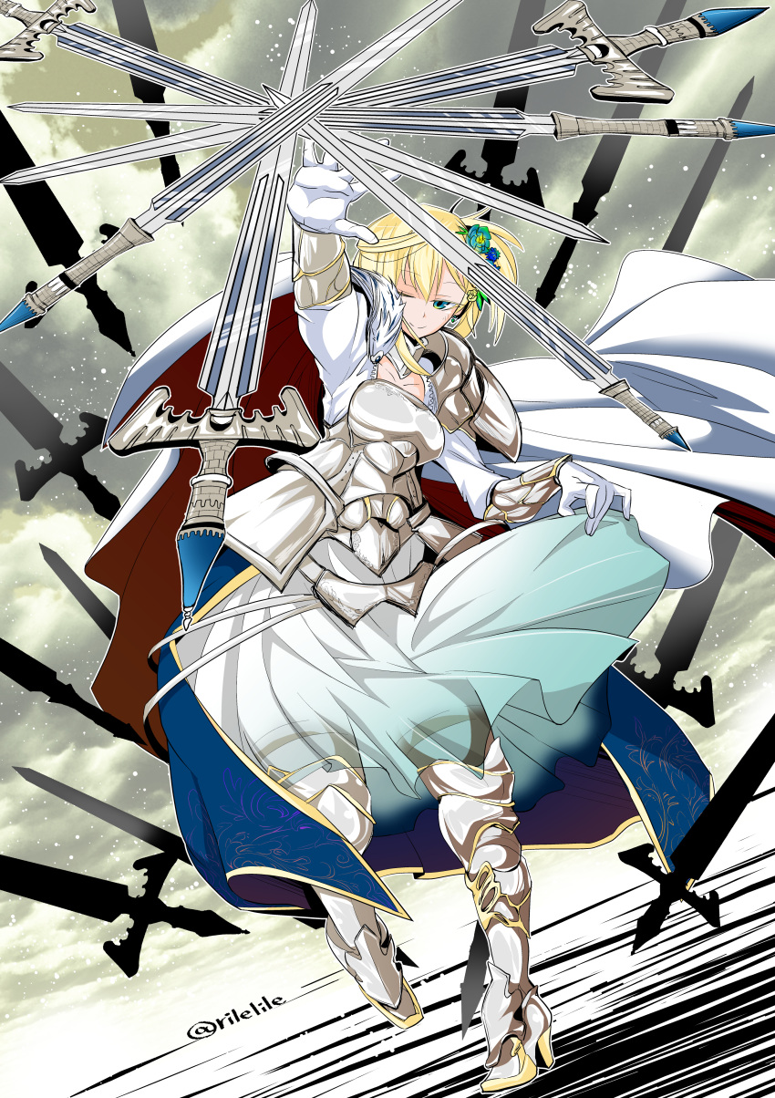 1girl, ;), absurdres, blonde_hair, blue_eyes, dress, dress_lift, full_body