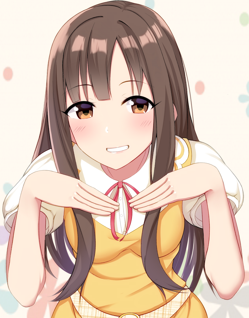 1girl, blush, breasts, brown_eyes, brown_hair, grin, h3po4_chiba, idolmaster