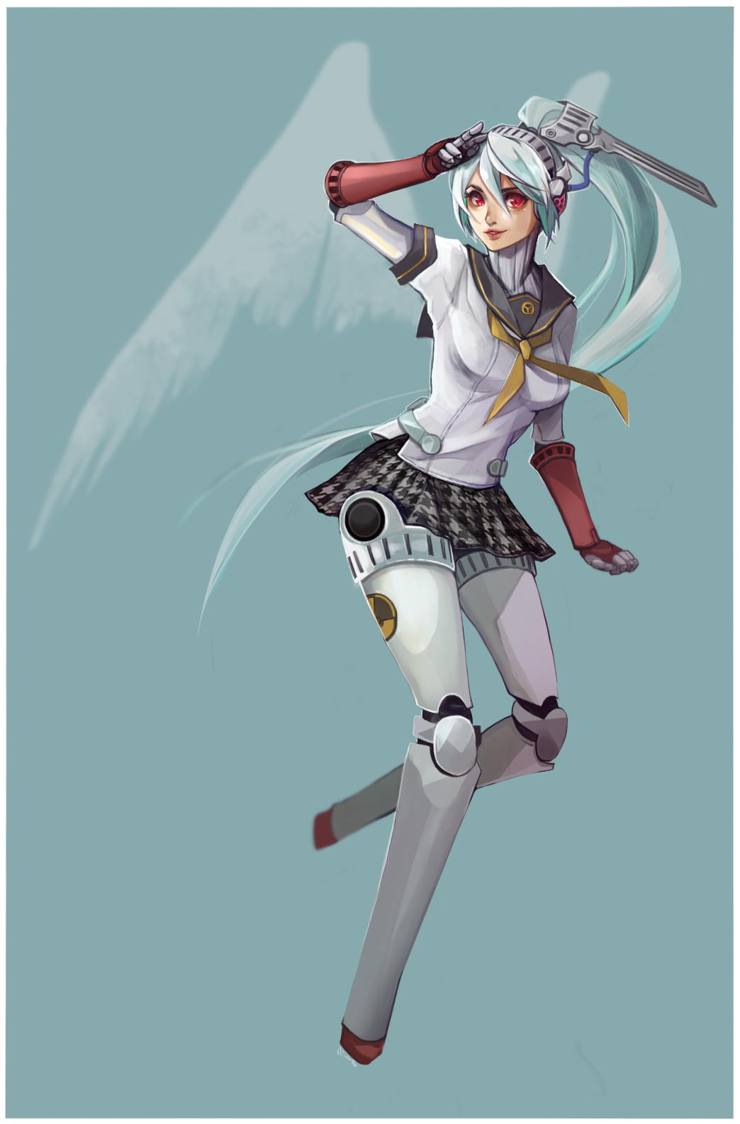 1girl, android, blue_hair, headphones, highres, labrys, long_hair, persona