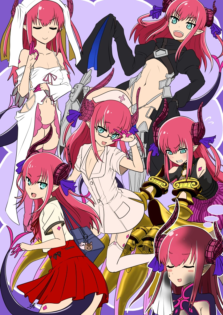 1girl, armor, armored_boots, asymmetrical_horns, bag, bare_shoulders, bb_(fate/extra_ccc), bb_(fate/extra_ccc)_(cosplay)