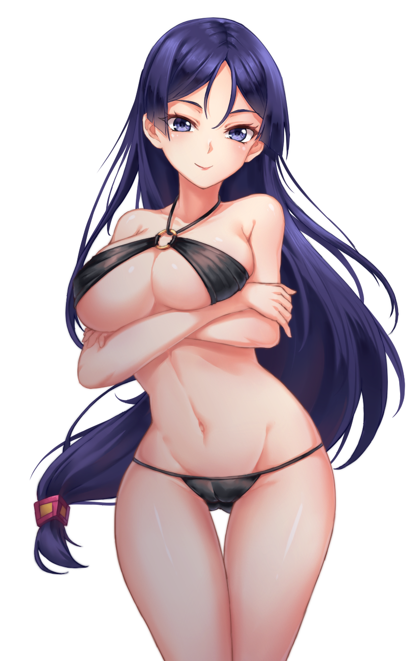1girl, bikini, black_bikini, blue_eyes, blue_hair, breasts, closed_mouth, crossed_arms, fate/grand_order, fate_(series), highres, large_breasts, leikangmin, long_hair, looking_at_viewer, minamoto_no_raikou_(fate/grand_order), navel, o-ring_bikini, o-ring_top, simple_background, smile, solo, standing, swimsuit, white_background