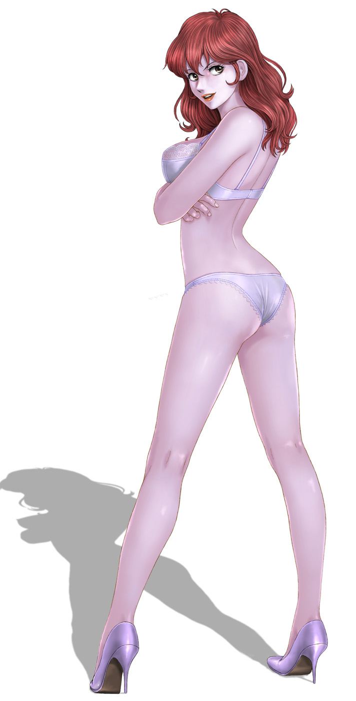 1girl, ass, bangs, bra, breasts, brown_eyes, brown_hair, crossed_arms, from_behind, high_heels, highres, lace, lace-trimmed_bra, lace-trimmed_panties, large_breasts, long_hair, looking_at_viewer, looking_back, lupin_iii, mine_fujiko, panties, parted_lips, red_lips, seductive_smile, shadow, shoes, simple_background, smile, solo, standing, toten_(der_fuhrer), underwear, underwear_only, white_background, white_bra, white_panties, white_shoes