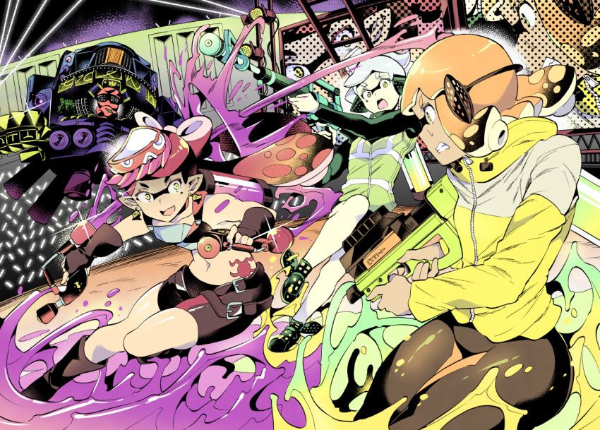 3girls, aori_(splatoon), armor, bike_shorts, black_belt, black_footwear, black_gloves, black_hair