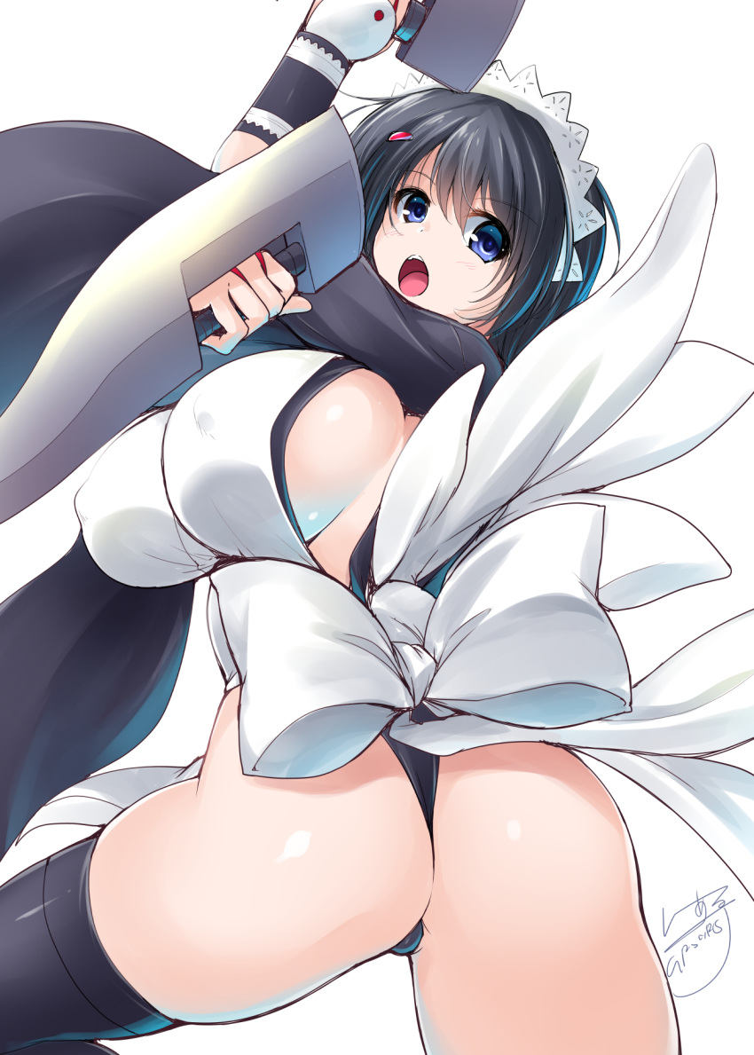 1girl, ass, black_hair, black_legwear, blue_eyes, breasts, c.r., cleavage
