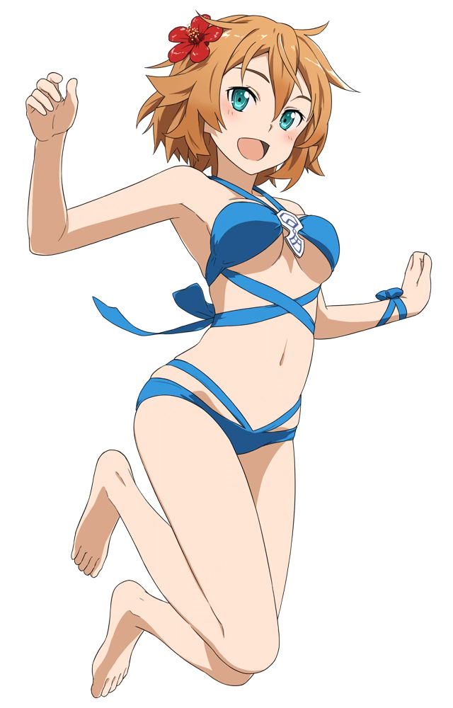 1girl, aqua_eyes, barefoot, bikini, blue_bikini, blush, breasts, brown_hair