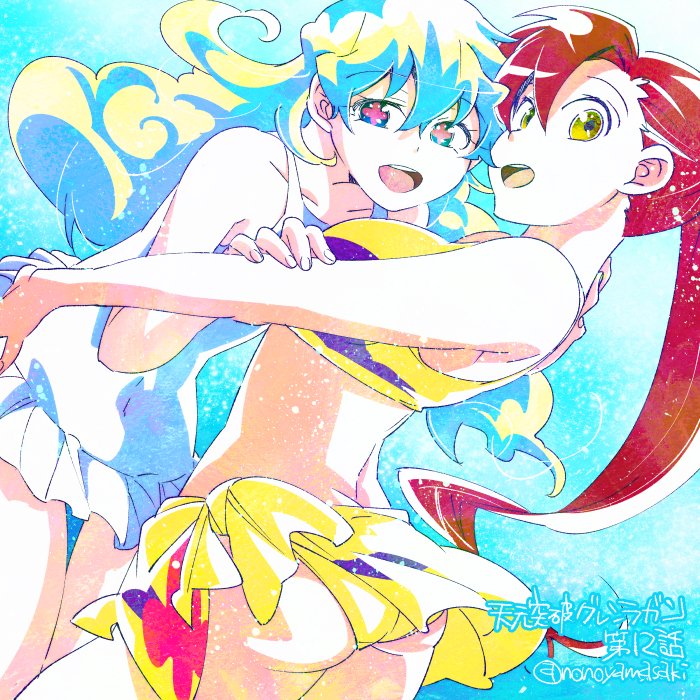 +_+, 2girls, bikini, frilled_swimsuit, frills, long_hair, looking_at_viewer, multicolored_hair