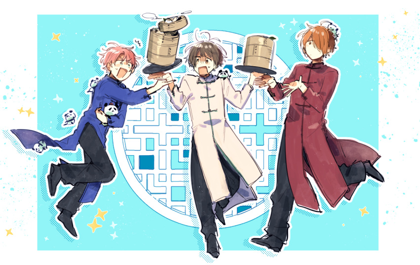 3boys, akizuki_ryou, antenna_hair, baozi, blue_background, brown_hair, changpao, chinese_clothes