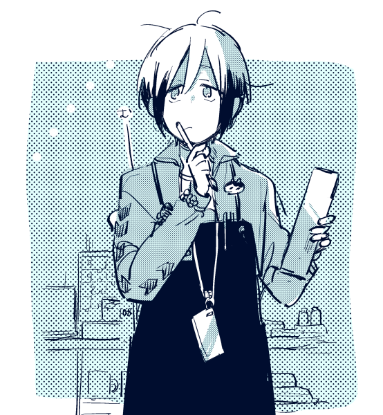 1boy, apron, blue_background, calligraphy_brush, closed_mouth, idolmaster, idolmaster_side-m, kitamura_sora