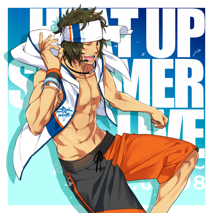 1boy, ;d, abs, adonis_belt, alternate_costume, clenched_hand, english, enjouji_michiru