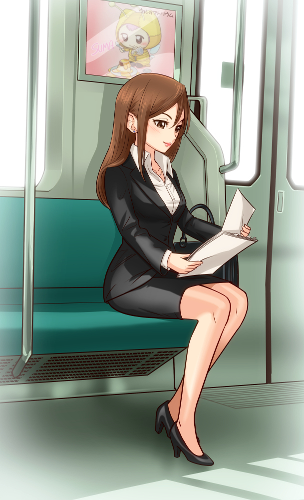 1girl, brown_eyes, brown_hair, business_suit, formal, full_body, ground_vehicle, high_heels, holding, holding_paper, long_hair, mature, office_lady, original, paper, reading, sitting, solo, suit, train, ur_(wulfa)