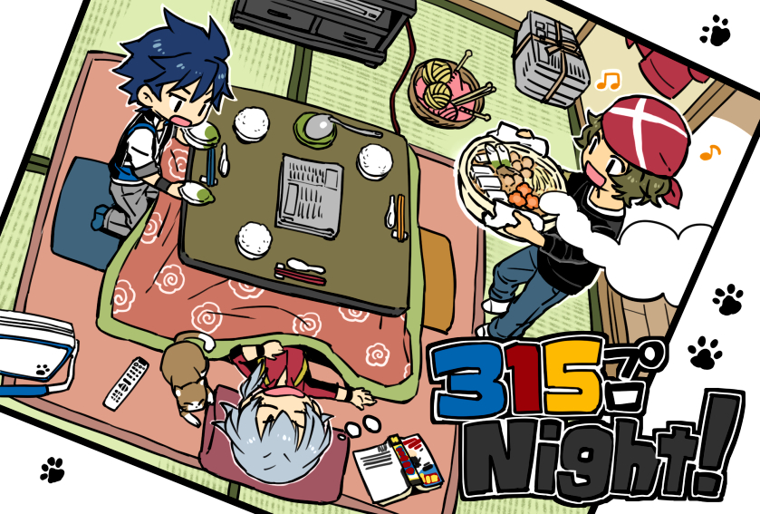 3boys, :d, blue_hair, bowl, cat, chopsticks, enjouji_michiru, from_above