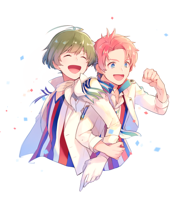 2boys, akizuki_ryou, antenna_hair, bandanna, blue_eyes, clenched_hand, f-lags_(idolmaster), green_hair